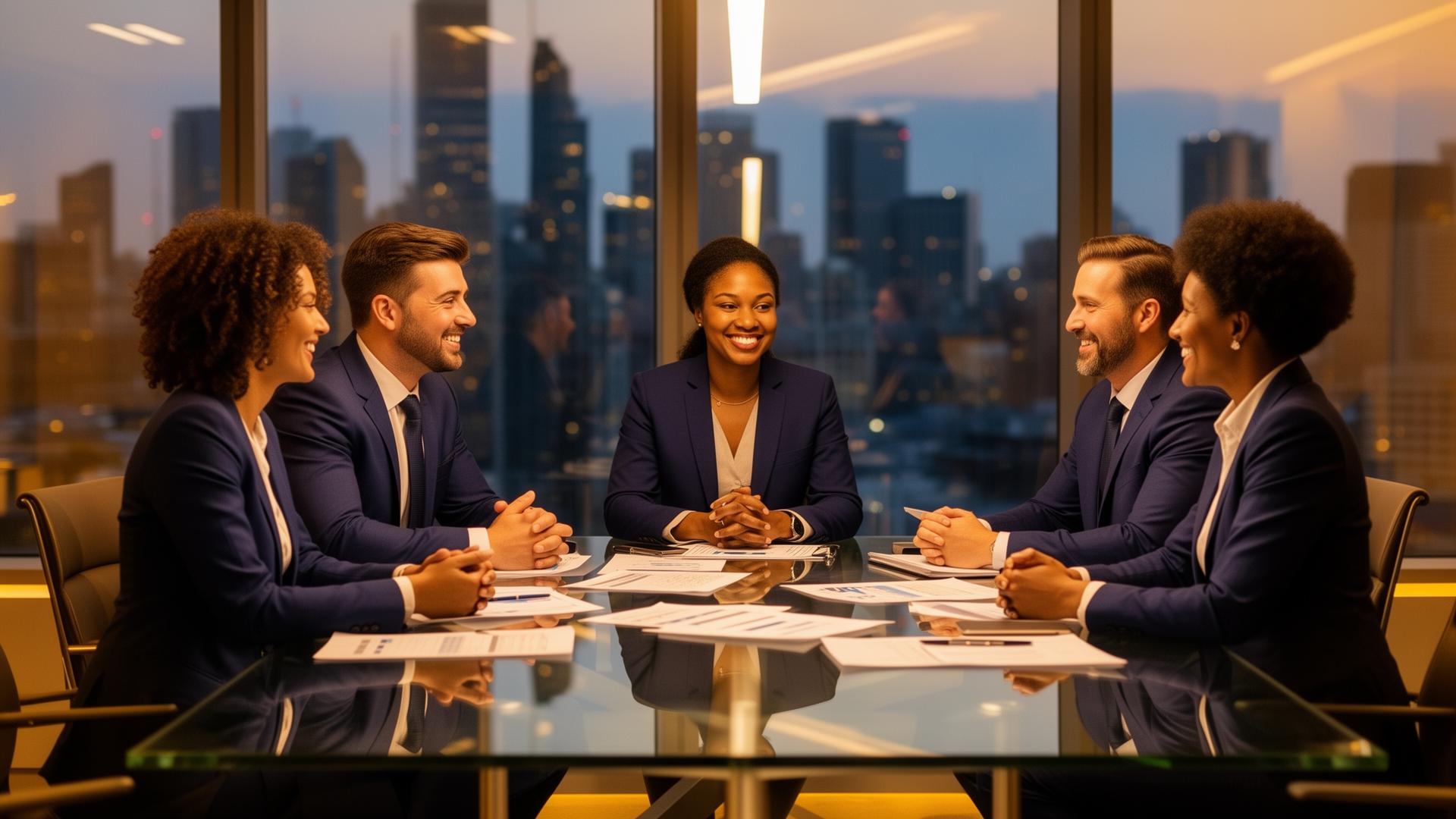 Diverse Virtuity financial professionals collaborating in a modern boardroom