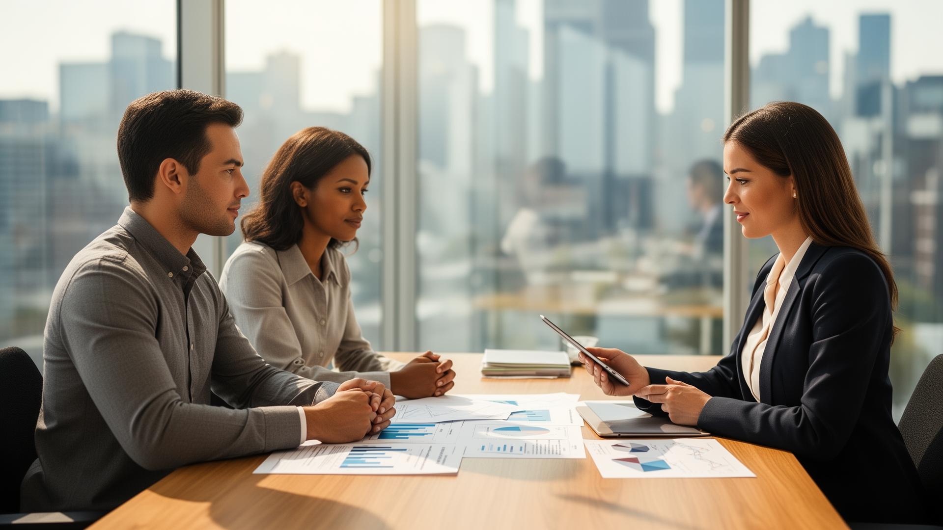 Financial advisor reviewing charts with a couple in a bright glass office