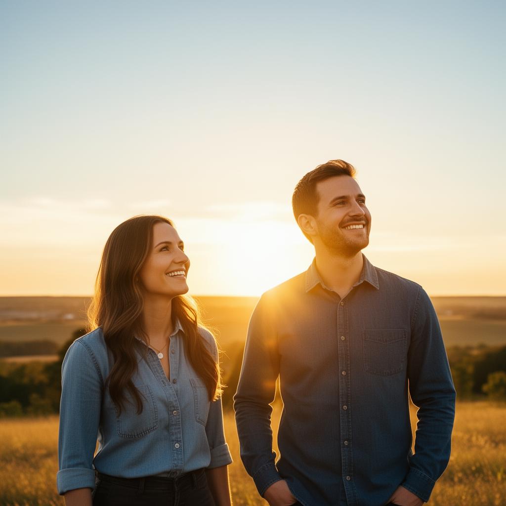 Confident smiling couple looking toward a bright horizon at sunset