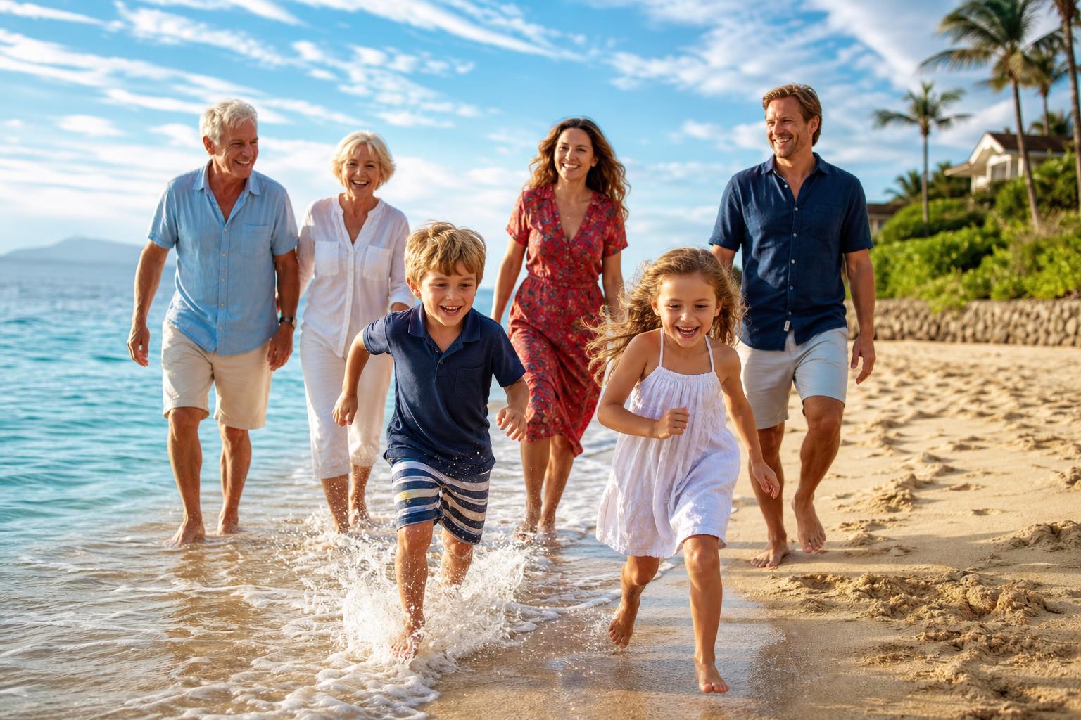 Happy multigenerational family laughing together on a sunlit beach