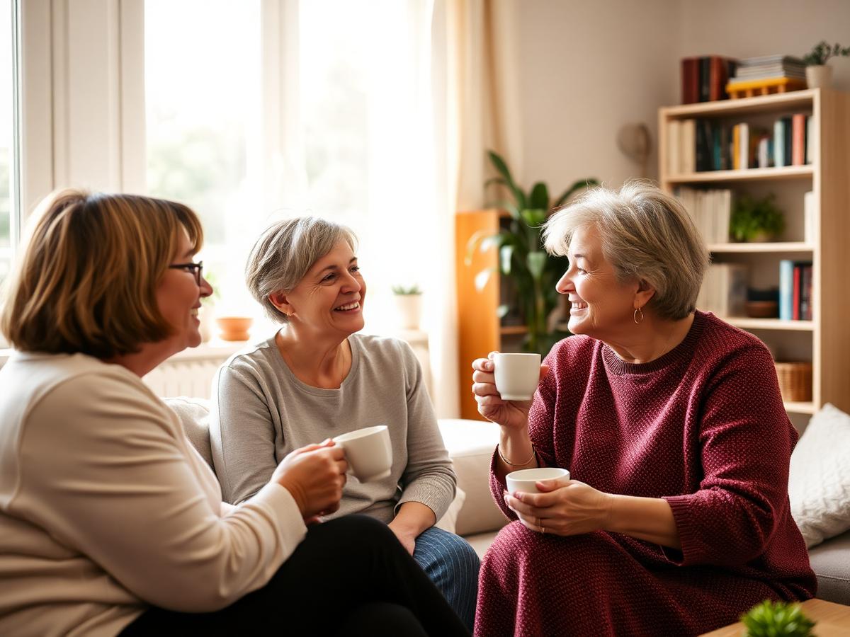 Two women sharing a heartfelt conversation in a warm living room