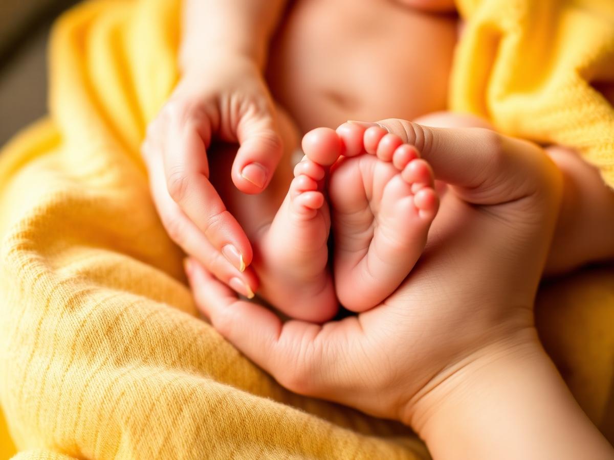 Adult hands gently cradling a newborn baby's feet